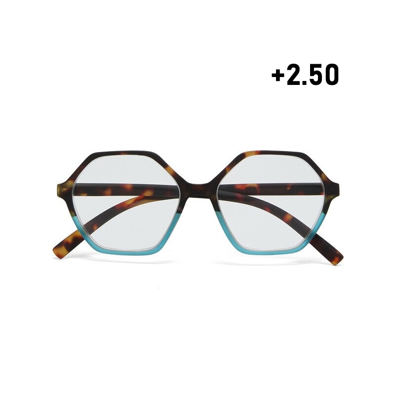 Occhiale da lettura con montatura squadrata di colore havana blu, lenti da lettura +2.50 diottrie con filtro luce blu